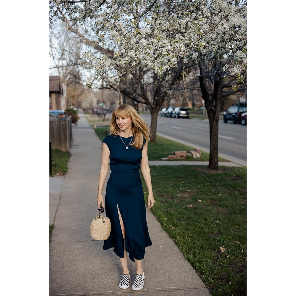 Reformation Gavin Midi Dress Side Slit‎ Navy Size 2